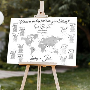 Mapa mundi para assento de casamento, modelo de mesa para destino de viagem para impressão, mapa mundi prateado editável, onde você está sentado no mundo