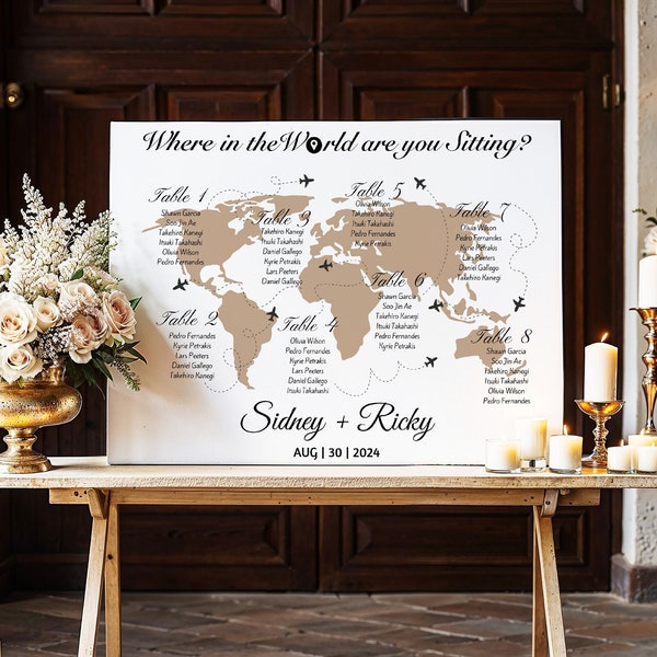 Mapa del mundo asientos de boda signo imprimible plantilla de tabla de destino de viaje editable en qué parte del mundo estás sentado Descarga digital DIY