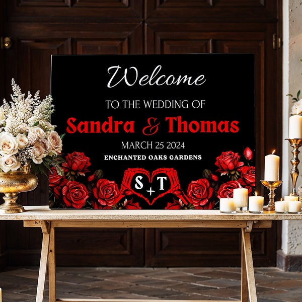 Red And Black Wedding Welcome Sign Editable Red Roses Welcome Decor Printable Gothic Halloween Signage Template Instant Digital Download DIY