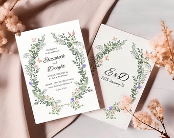 Wildflower Wedding Invitation Template Printable Bridal Shower Card Editable Celebration Stationery Boho Floral Wreath