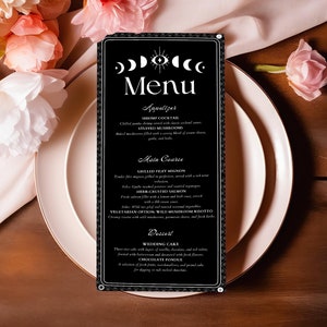Schwarze Tarot-Karte Hochzeitsmenü Vorlage Druckbare Gothic Halloween Mond Tischkarte 10,5x22cm Bearbeitbare Moderne Himmlische Abendkarte