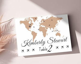 Destination Wedding Place Cards Template for Travel Wedding with Watercolor World Map