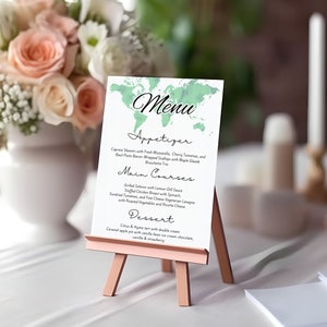 Groene wereldkaart menusjabloon bewerkbare Dining Menu briefpapier reisthema baby shower menu bruids douche menu reizen thema bruiloft DIY 5 x 7