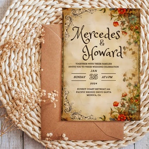 Invitación de boda de estilo antiguo medieval Tarjeta floral vintage editable Plantilla real de la Edad Media Elegante papelería de bellas artes Descarga digital