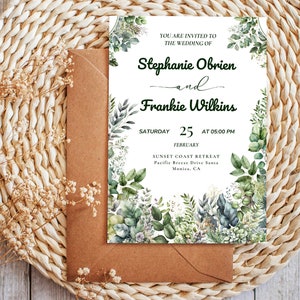 Convite de casamento com vegetação floral para impressão branco verde papelaria botânica editável modelo elegante cartão de flores de jardim download digital