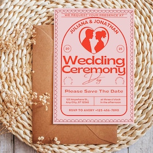 Romantische Groovy Hochzeitseinladung druckbare Retro Briefpapier bearbeitbare Vintage Vorlage elegante klassische DIY Karte