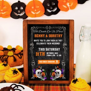 Floral Goth Hochzeitseinladung Goth Halloween Schädel Vorlage bearbeitbare Skelett dunkel Briefpapier druckbare Orange schwarze Karte Sofort Download