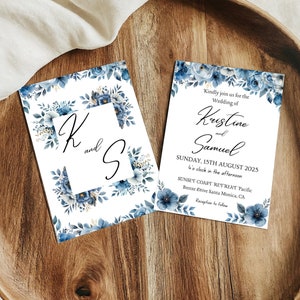 Dusty Blue Floral Wedding Invitation Template Floral Boho Navy Wedding Invite Card Elegant Garden Flower Light Blue Rose Instant Download