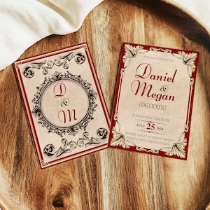 Invitación de boda de fantasía victoriana Plantilla editable de la Edad Media Invitación Medevil Papelería imprimible Tarjeta marrón roja Descarga digital