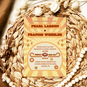 Groovy Retro bruiloft uitnodiging jaren '70 geel oranje sjabloon bewerkbare Funky Hippie briefpapier afdrukbare kleurrijke Vintage kaart Instant Download