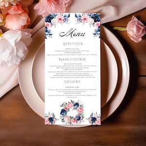 Modello di menu blu navy e rosa cipria per matrimonio, per addio al nubilato, per cena, modificabile e stampabile