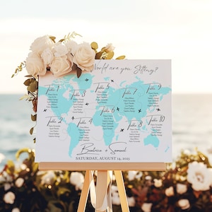 Carte du monde mariage sièges signe imprimable destination voyage modèle de table bleu modifiable où dans le monde êtes-vous assis téléchargement numérique