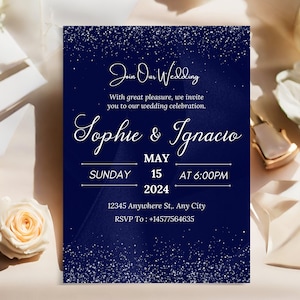 Invitación de boda azul plateada de lujo, plantilla de medianoche brillante editable, papelería plateada brillante, descarga digital de tarjeta azul real