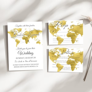 Carte du monde or, faire-part de mariage à destination de la suite, carte aquarelle, détails modifiables de voyage et invitation RSVP, 5 x 7 pouces, téléchargement immédiat