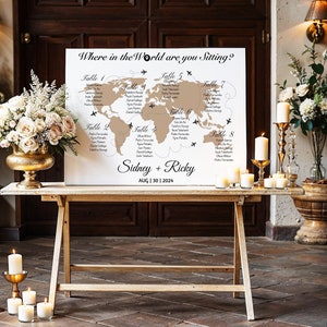 Cartello per posti a sedere per matrimoni con mappa del mondo, modello di tavolo per destinazione di viaggio, modificabile, download digitale fai da te, dove ti trovi nel mondo