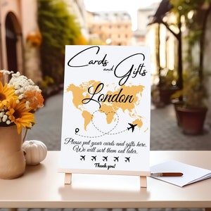 Bewerkbare reisthemakaarten en geschenkensjabloon Oranjegeel bord Wereldkaartkaart Reisthema Bruiloft Reisthema Afdrukbare babyshower