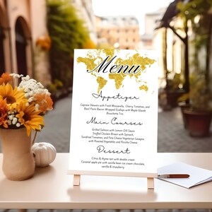 Gouden wereldkaart menusjabloon bewerkbare elegante menusjabloon reisthema babyshower menu bruids douche menu bestemming thema voor bruiloft