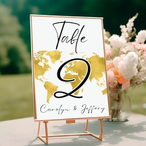 Thema Reise-Tischnamen Vorlage Gold Weltkarte Tischnummern Zeichen Reise-Thema Hochzeit Tischnummer Sofort-Download 5x7in
