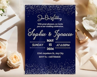 Luxury Silver Blue Wedding Invitation, Editable Shimmering Midnight Template, Shining Silver Stationery, Royal Blue Card Digital Download