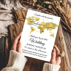 Gouden wereldkaart bestemming bruiloft uitnodiging aquarel kaart reizen bewerkbare wereldkaart 5 x 7 inch direct downloaden