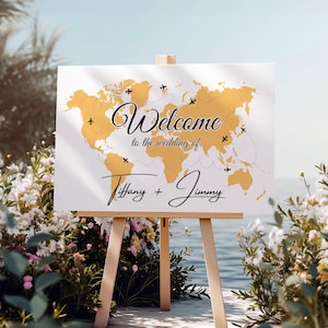 Custom Travel Destination World Map Wedding Welcome Sign Printable Watercolor Yellow Table Sign Template Editable Travel Theme Wedding
