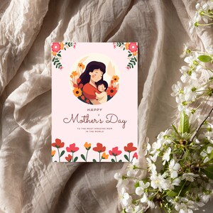 Cartão Floral Feliz Dia das Mães Cartão de Saudação para Imprimir Aquarela Flores da Primavera Modelo Digital para Download para o Dia das Mães
