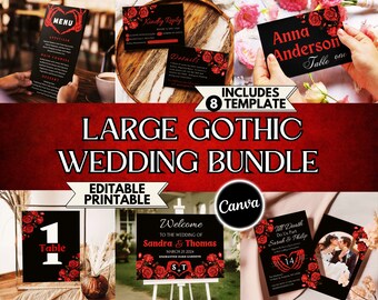 Red Roses Gothic Wedding Template Bundle Large Editable Goth Set Till Death Do Us Part Skeleton Heart