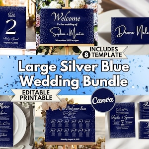 Luxury Silver Blue Large Wedding Template Bundle Printable Navy Blue Ultimate Shimmering Silver Wedding Bundle Editable Invite Suite DIY