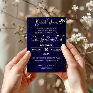 Faire-part de douche nuptiale bleu marine et or modèle modifiable minuit bleu royal blanc papeterie de paillettes d'or carte de luxe téléchargement numérique