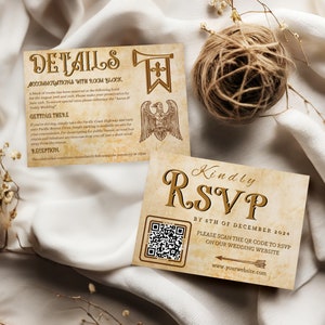 Middeleeuwse QR-code bruiloft RSVP-sjabloon bewerkbare fantasiedetails kaart afdrukbare middeleeuwen bruin briefpapier vriendelijk antwoord digitale download