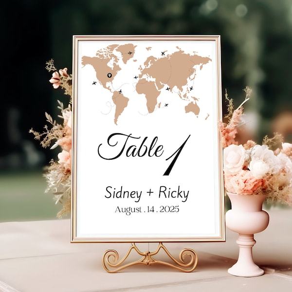 Destination Wedding Table Numbers Template Travel Wedding Table Numbers Sign with World Map 5x7in Dining Numbers DIY