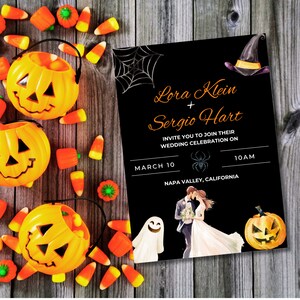 Invito a nozze di Halloween scuro modello zucca gotica modificabile spettrale stampabile Goth Ghost cancelleria cappello nero carta download digitale