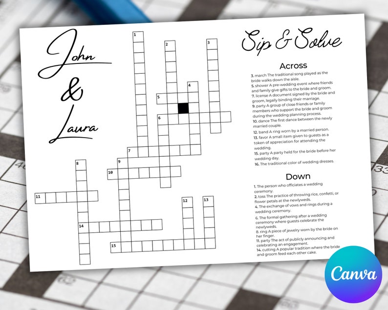 Custom Wedding Crossword Sip and Solve for Wedding Extra Large Etsy