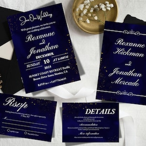 Luxury Navy Blue Wedding Invitation Suite Editable Elegant Royal Blue Gold Midnight Template Details and RSVP Card Stationery Invite Set