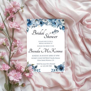 Bridal Shower Blue Invitation Dusty Blue Bridal Shower Invite Floral Boho Bridal Shower Invitation Elegant Flowers Bridal Shower Card