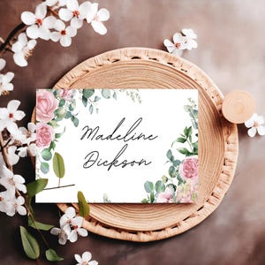 Blush Pink Wedding Place Card Template Floral Sage Name Card Elegant Boho Greenery Rose Table Place Card Instant Download