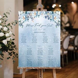 Blue Christmas Seating Chart Template Printable Ivory Winter Floral Large Guest Seating Chart Sign Editable Table Seating Vertical DIY