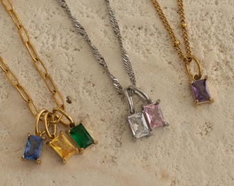 Rectangle Birthstone Necklace Gold Filled or Silver, Customizable Charm Pendant with Multiple Stones, Dainty Layered Jewelry for Women