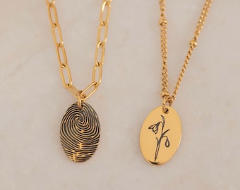 Dubbelzijdige geboortebloem en vingerafdrukketting • Gepersonaliseerde herdenkingssieraden cadeau • Aangepaste gegraveerde ovale aandenkenhanger