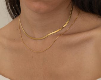 Gold Layered Herringbone Necklace, Double Chain Necklace , Snake Chain Layered Necklace, Minimalist Layering Jewelry Christmas Gift for Her