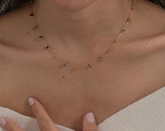 Natural Gemstone Beaded Necklaces, Colorful Irregular Stone Necklace, Gemstone Choker, Chain Necklace,Layering Necklace,Handmade Necklace