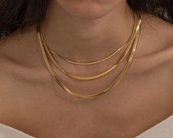 Herringbone Chain Necklace • 18K Gold Filled or Silver Stainless Steel • Snake Chain • 2mm 3mm 5mm Width • Dainty Waterproof Necklace