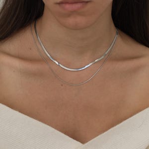 May include: A silver necklace set featuring two necklaces. The top necklace is a flat, wide chain, and the bottom necklace is a thin, delicate chain. The necklaces are worn around the neck, and the image is a close-up.