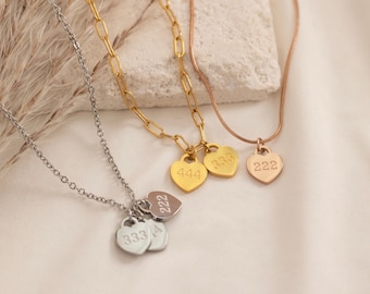 Collana con numero angelico, collana con numero fortunato, cuore inciso, gioiello con numero angelico della fortuna, regalo per la mamma, protezione 222, 333, 444, 777, impermeabile
