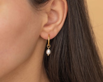 Dainty Pearl Hoop Earrings • Freshwater Pearl Huggies • Minimalist Bridal Earrings • Waterproof Everyday Hoops