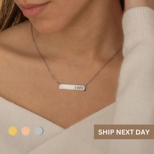 Engraved Date Necklace Custom Name Necklace for Women Personalized Gift for Her Date Message Necklace Handmade Jewelry for Mom Bar Necklace