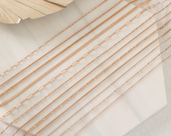 Rose Gold Chain Necklace, Rope Chain, Paperclip Chain, Figaro Chain, Curb Chain Necklace, Satellite Beaded Chain Rose Gold Filled Waterproof