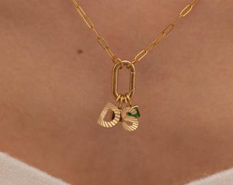 Birthstone Initial Multiple Carabiner Charm Necklace, Personalized Sunburst Gemstone Jewelry, Birthday Gift for Mom, Custom Letter Christmas