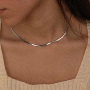 May include: A silver chain necklace with a delicate, snake-like design. The necklace is worn by a person with a light complexion and brown hair.