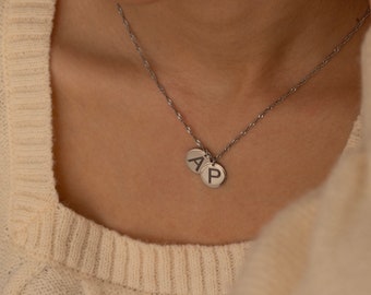 Silver Initials Personalized Disc Necklace Name Necklace Dainty Silver Letter Necklace Medallion Monogram Necklace Children Initials Charm
